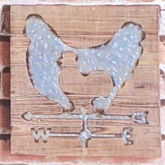 New Distressed Silver Metal Weathervane Rooster On Wood Square Home Décor - Picture 2 of 10
